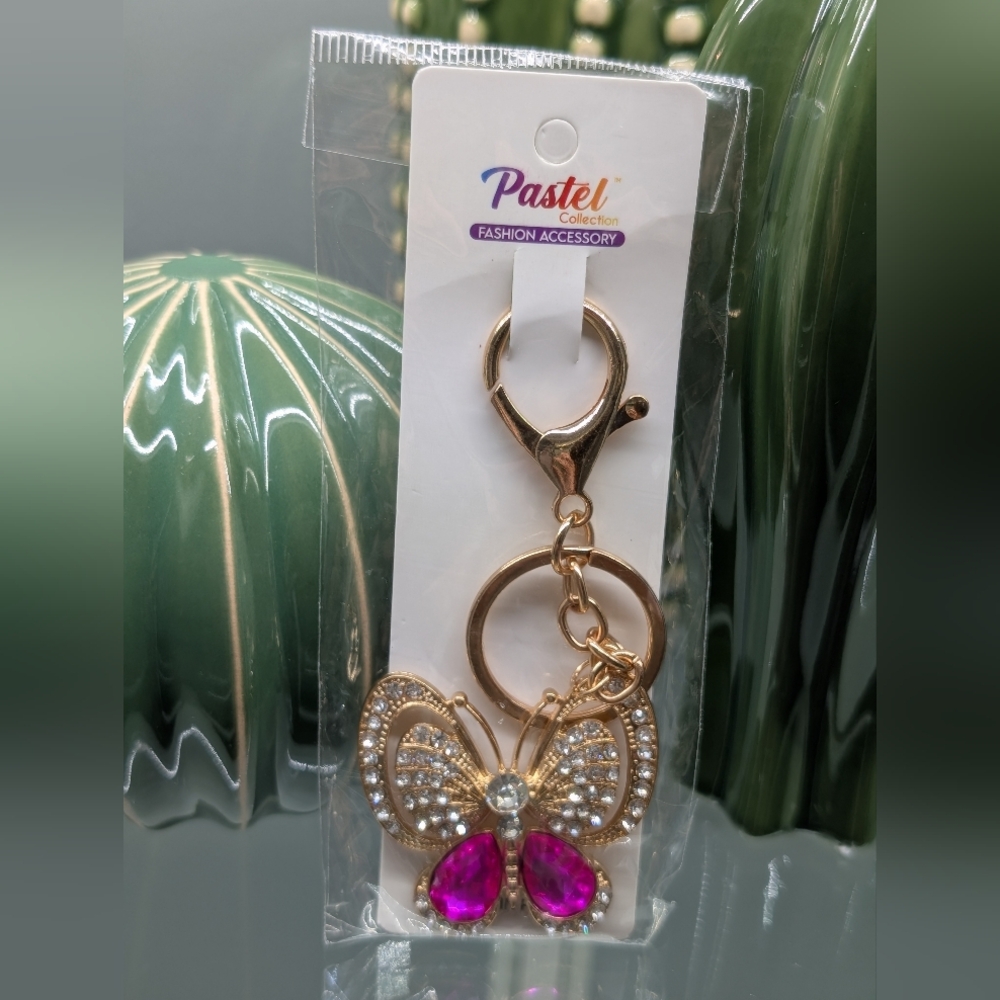 Gold W/Fucsia Pink Butterfly Keychain/Bagcharm